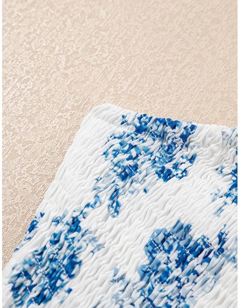 Sky Blue Floral Print Shirred Knot Shoulder Sleeveless Long Dress