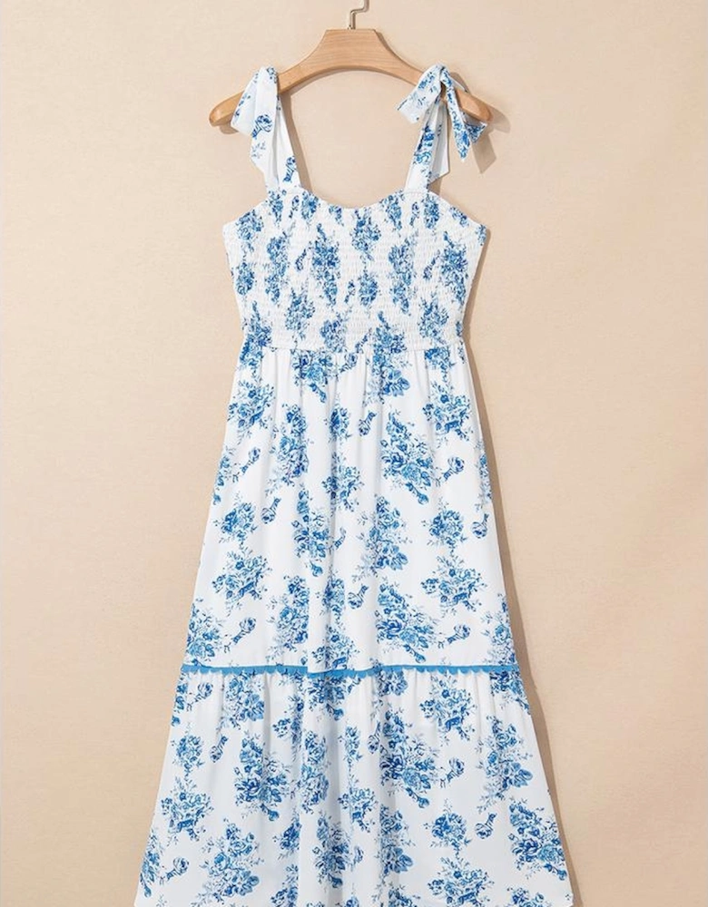 Sky Blue Floral Print Shirred Knot Shoulder Sleeveless Long Dress