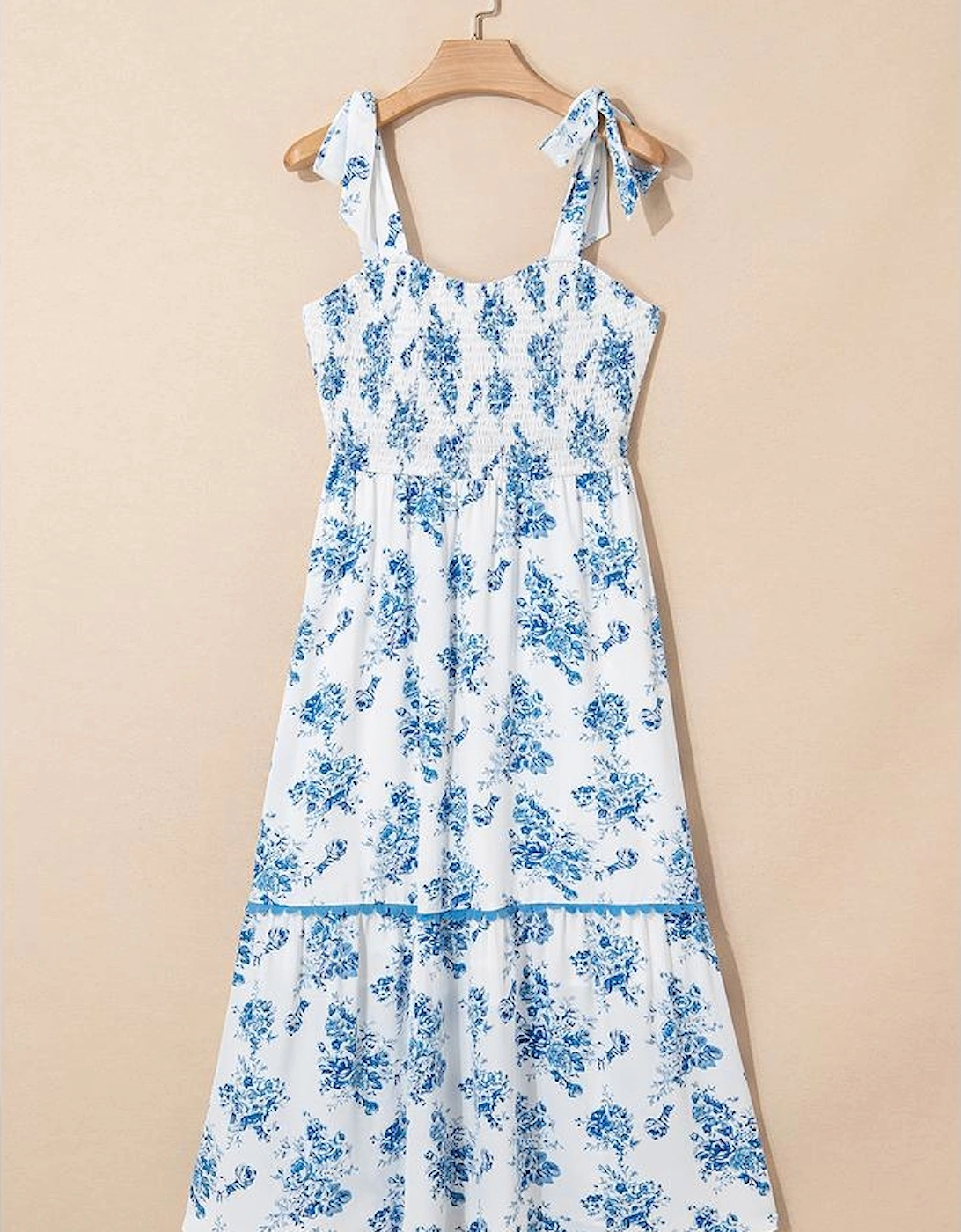 Sky Blue Floral Print Shirred Knot Shoulder Sleeveless Long Dress