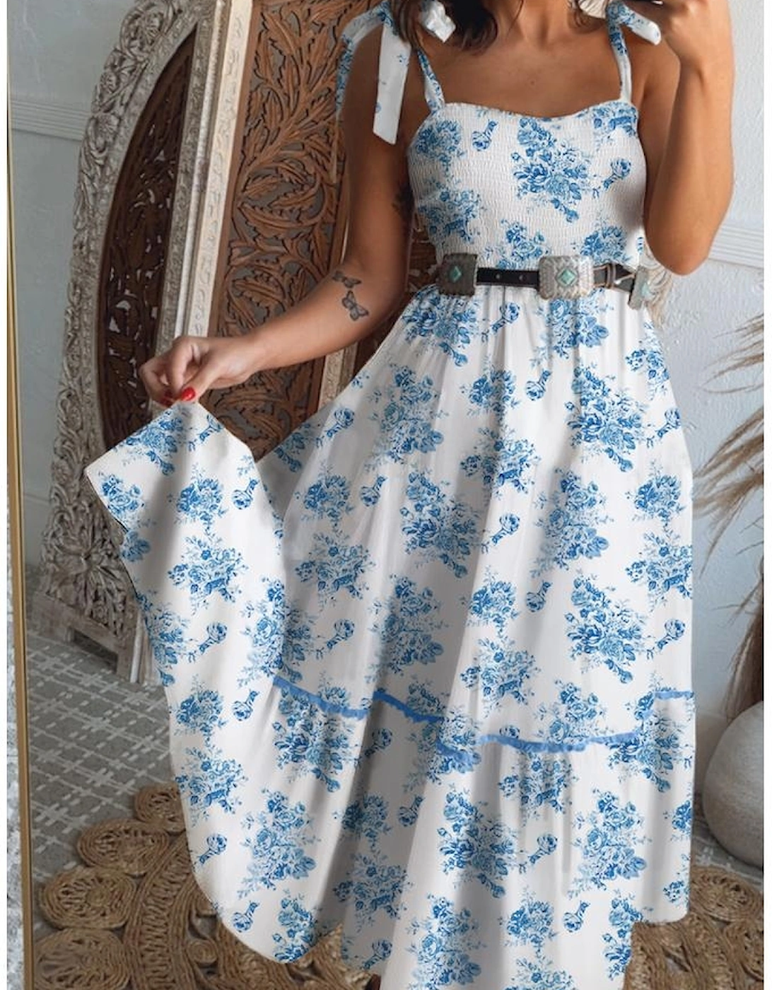 Sky Blue Floral Print Shirred Knot Shoulder Sleeveless Long Dress