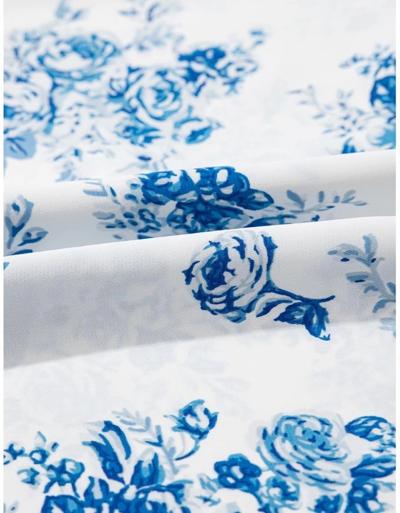 Sky Blue Floral Print Shirred Knot Shoulder Sleeveless Long Dress