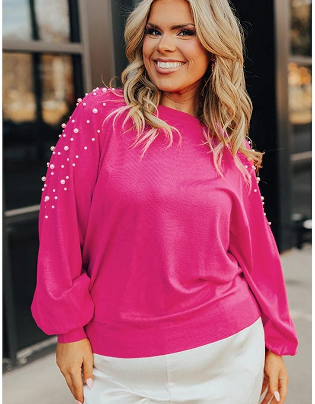 Strawberry Pink Pearled Decor Raglan Sleeve Plus Size Sweater