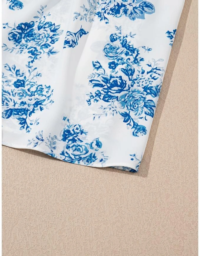 Sky Blue Floral Print Shirred Knot Shoulder Sleeveless Long Dress