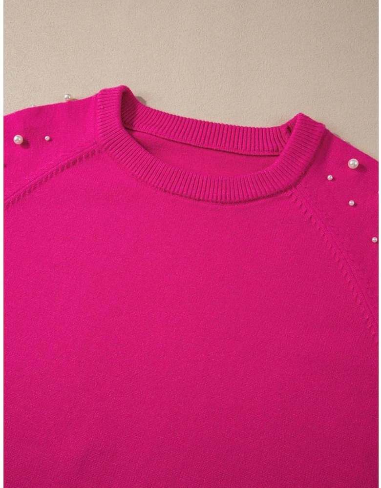 Strawberry Pink Pearled Decor Raglan Sleeve Plus Size Sweater