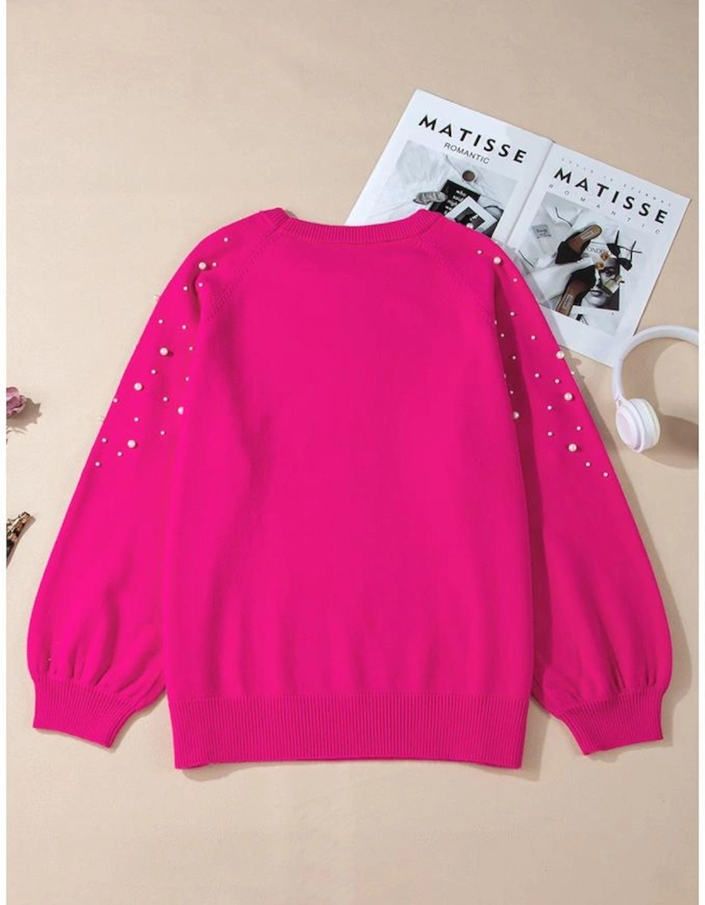 Strawberry Pink Pearled Decor Raglan Sleeve Plus Size Sweater