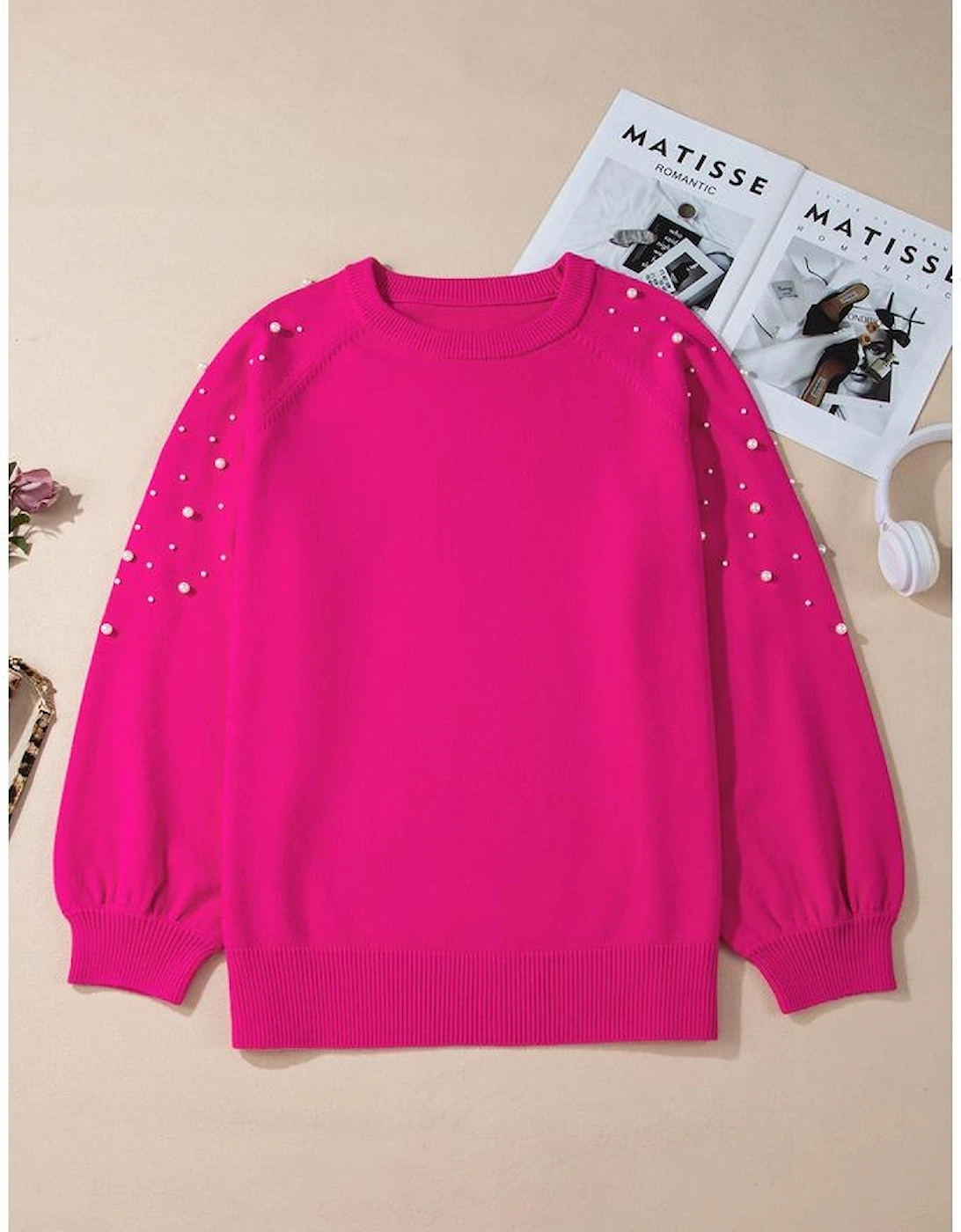 Strawberry Pink Pearled Decor Raglan Sleeve Plus Size Sweater, 15 of 14