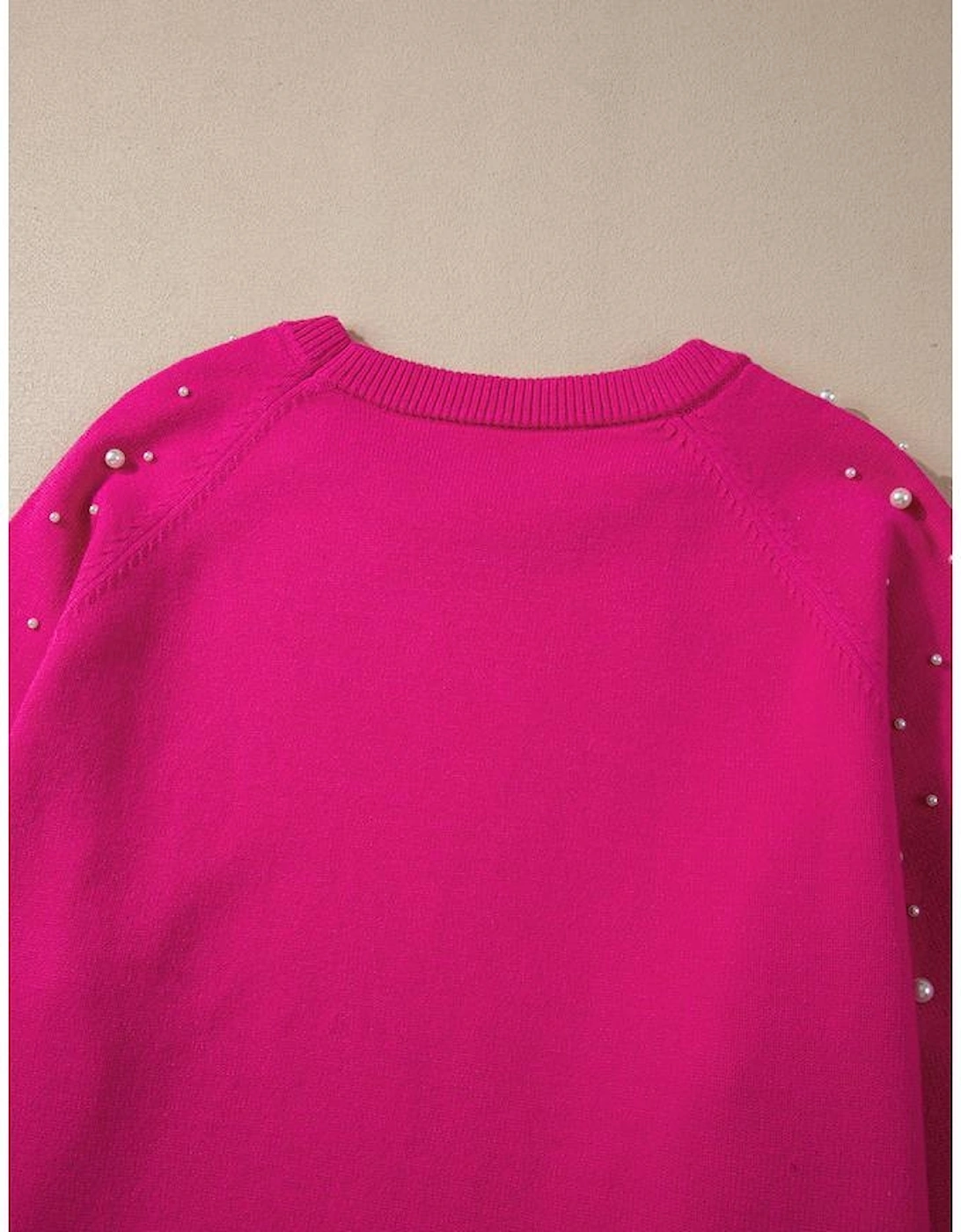 Strawberry Pink Pearled Decor Raglan Sleeve Plus Size Sweater