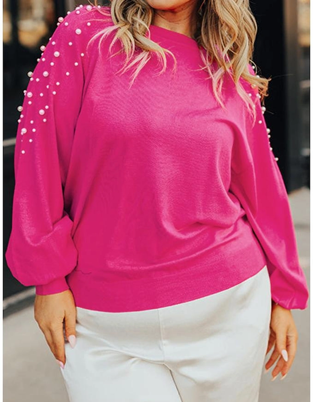 Strawberry Pink Pearled Decor Raglan Sleeve Plus Size Sweater