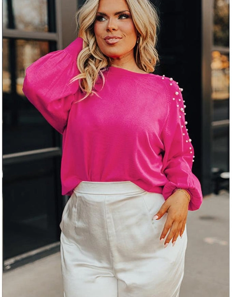 Strawberry Pink Pearled Decor Raglan Sleeve Plus Size Sweater