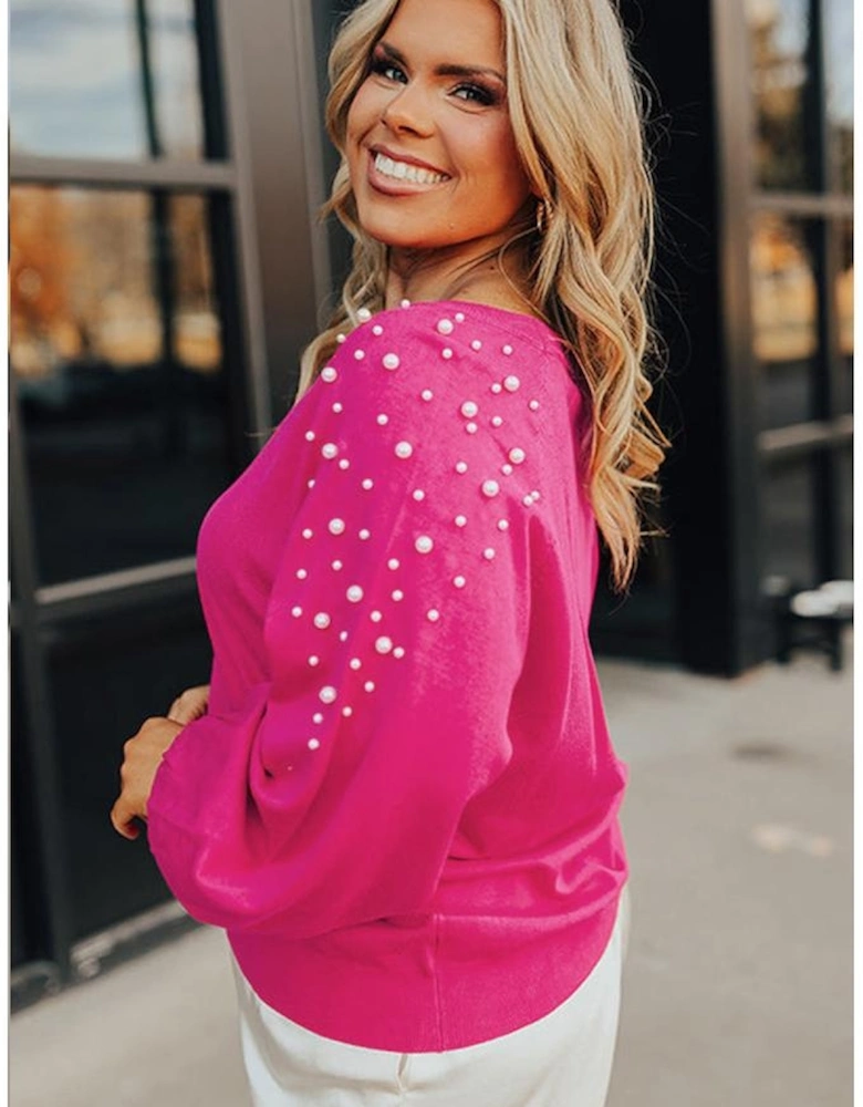 Strawberry Pink Pearled Decor Raglan Sleeve Plus Size Sweater