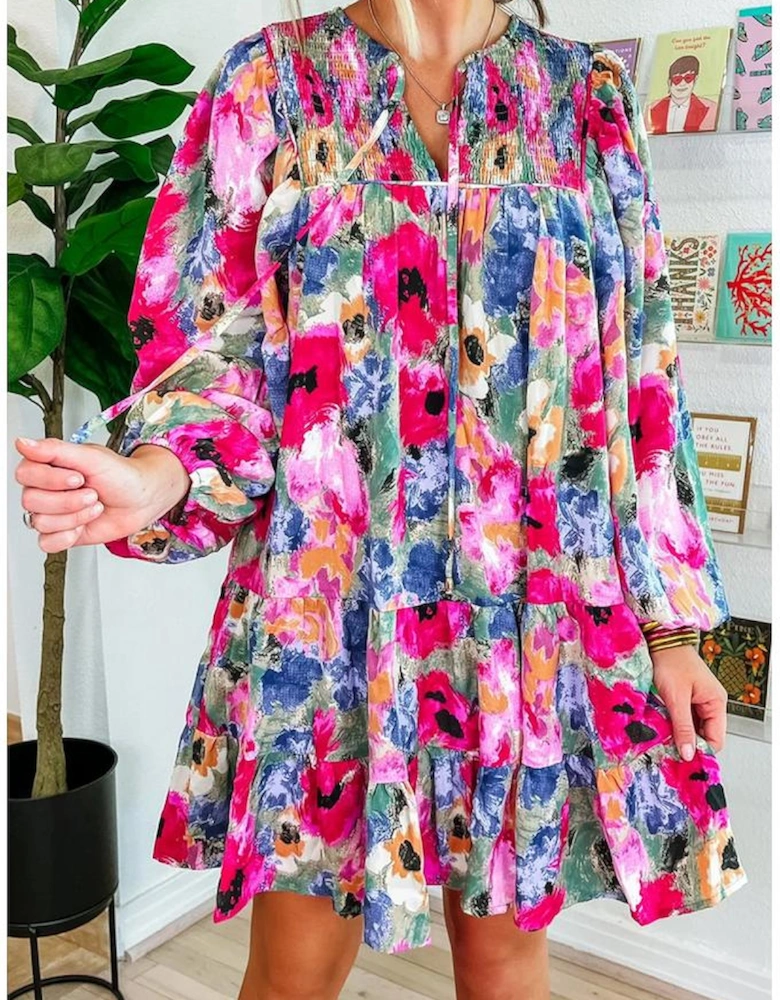 Multicolour Floral Tie Neck Bubble Sleeve Shift Dress