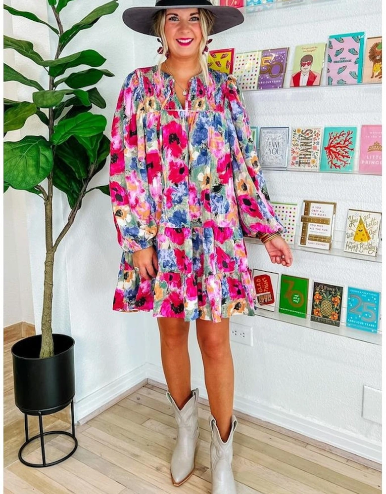 Multicolour Floral Tie Neck Bubble Sleeve Shift Dress