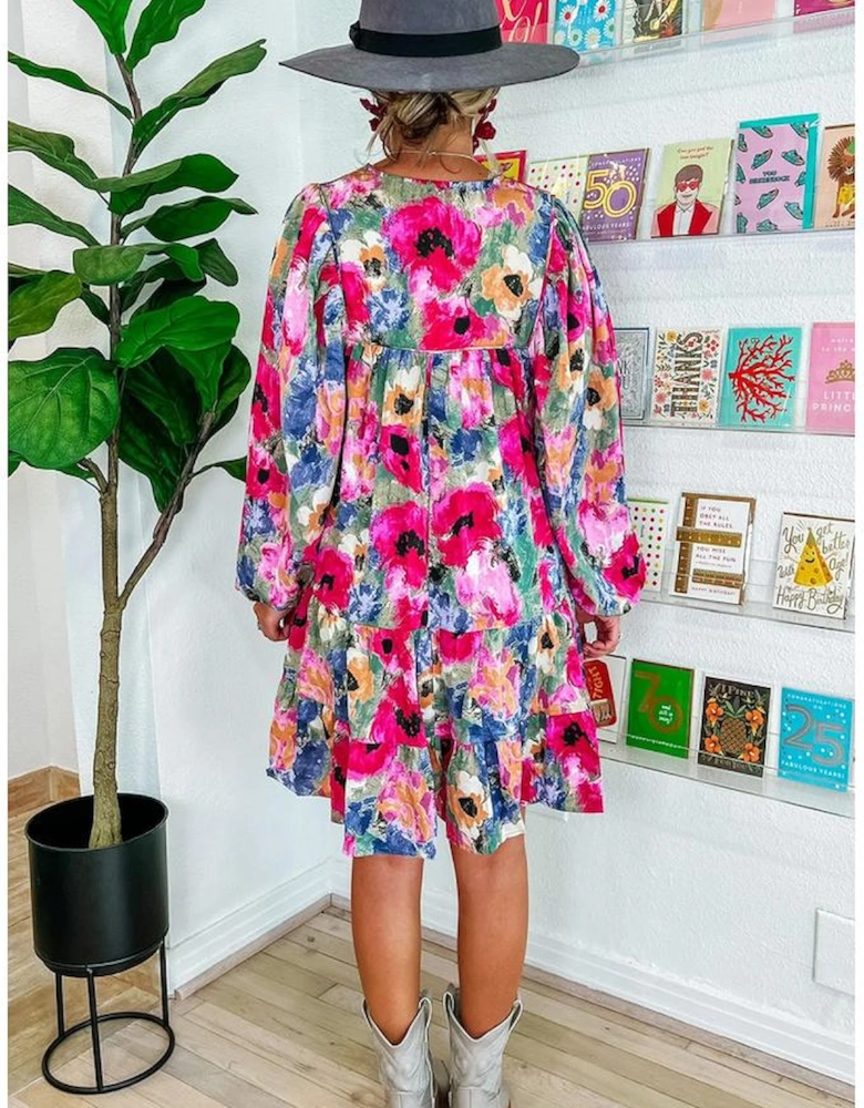 Multicolour Floral Tie Neck Bubble Sleeve Shift Dress