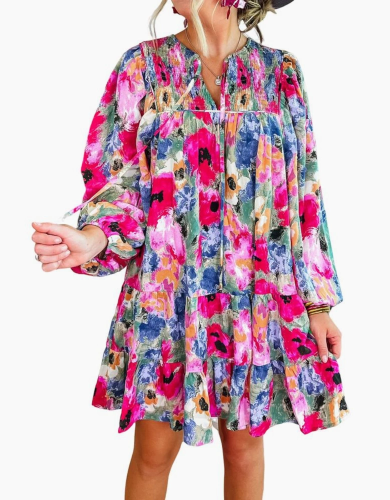 Multicolour Floral Tie Neck Bubble Sleeve Shift Dress
