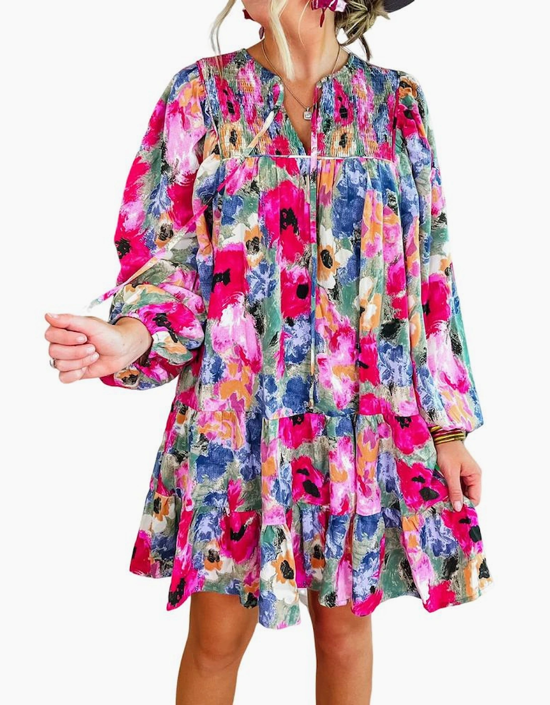 Multicolour Floral Tie Neck Bubble Sleeve Shift Dress