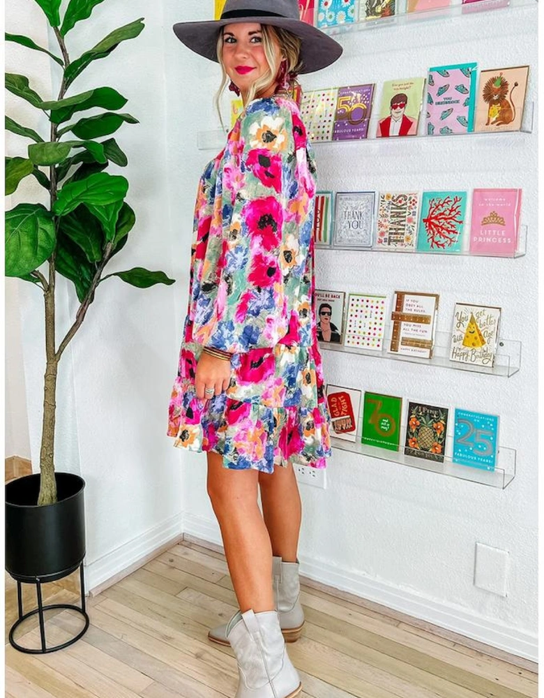 Multicolour Floral Tie Neck Bubble Sleeve Shift Dress