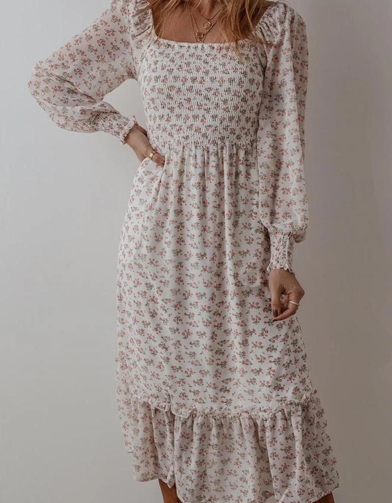 White Floral Print Shirred Ruffled Hem Square Neck Midi Dress