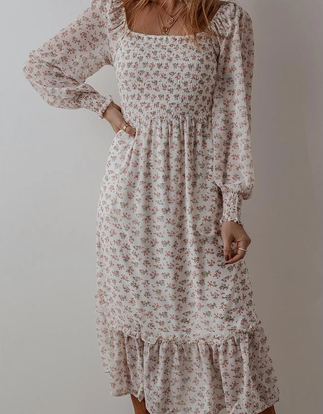 White Floral Print Shirred Ruffled Hem Square Neck Midi Dress