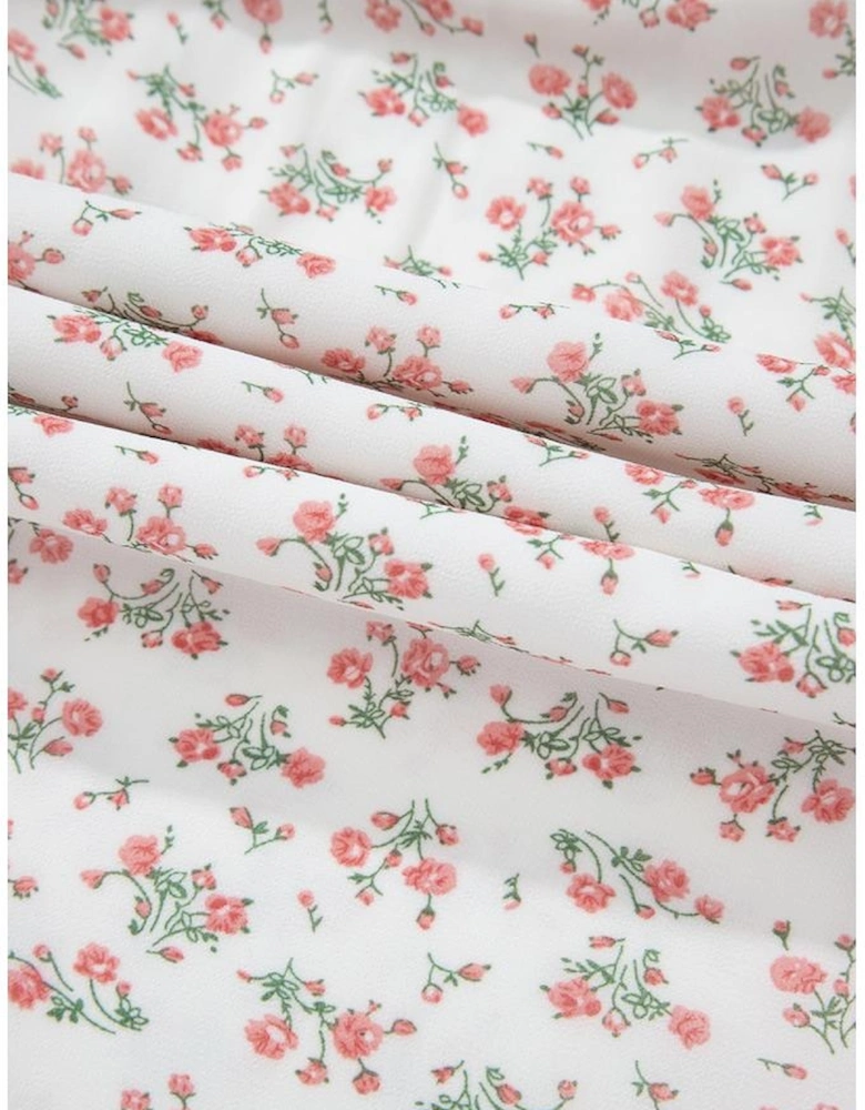 White Floral Print Shirred Ruffled Hem Square Neck Midi Dress