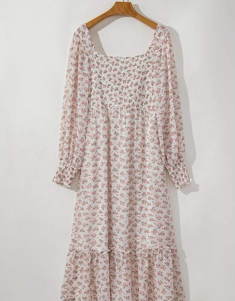 White Floral Print Shirred Ruffled Hem Square Neck Midi Dress