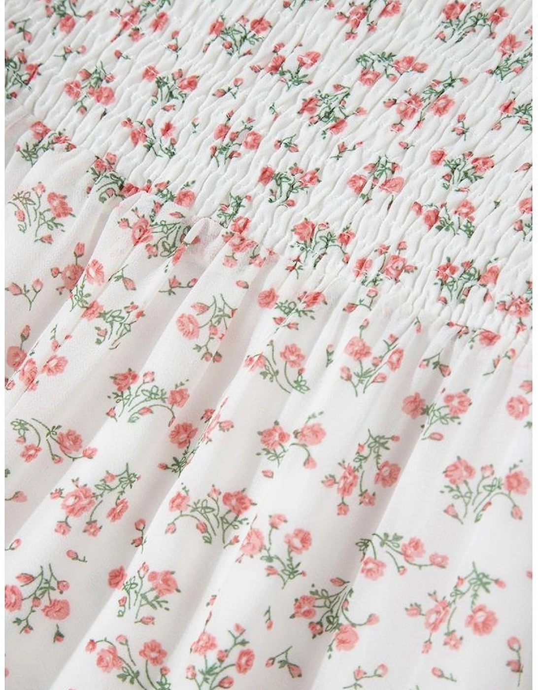 White Floral Print Shirred Ruffled Hem Square Neck Midi Dress, 16 of 15