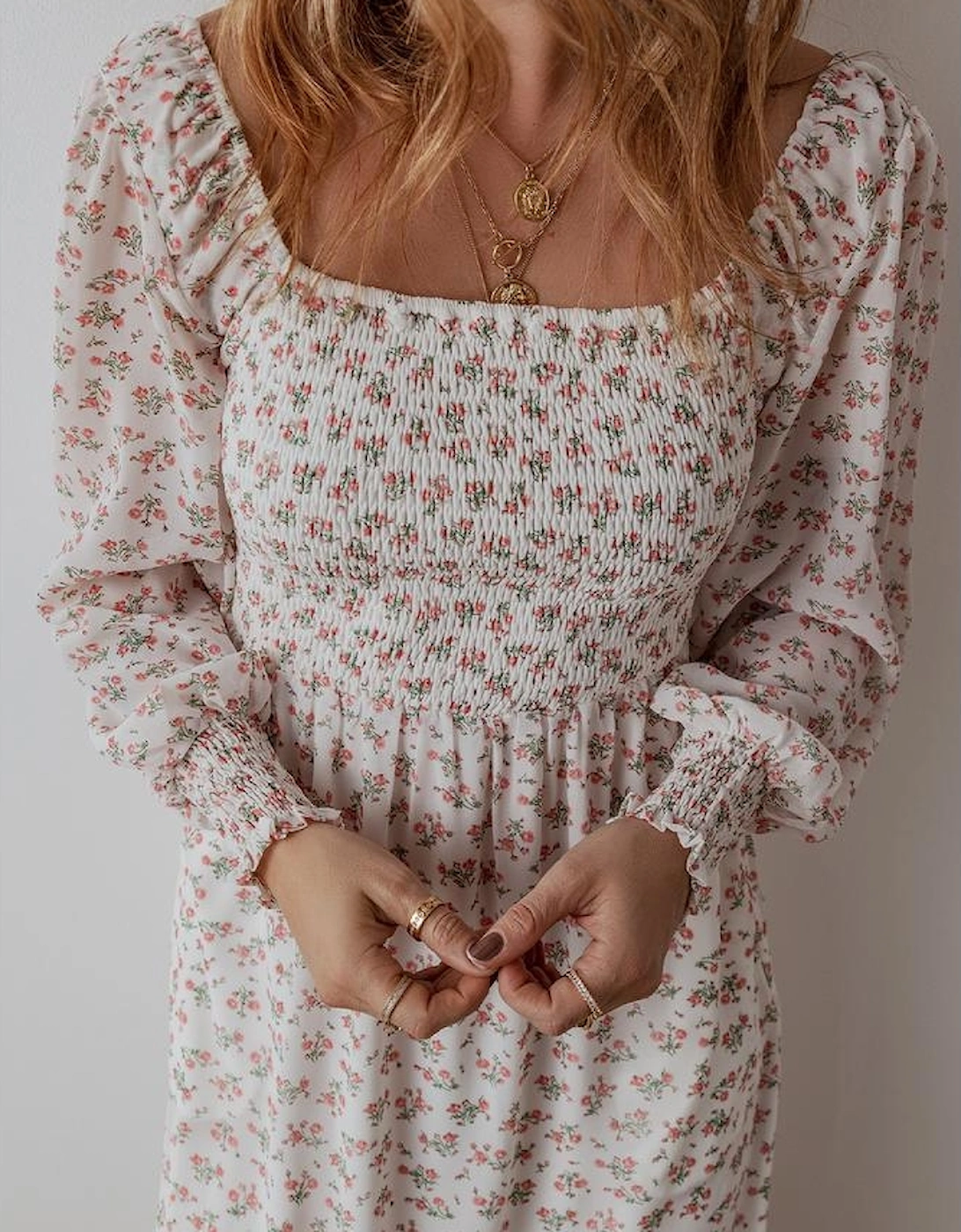 White Floral Print Shirred Ruffled Hem Square Neck Midi Dress