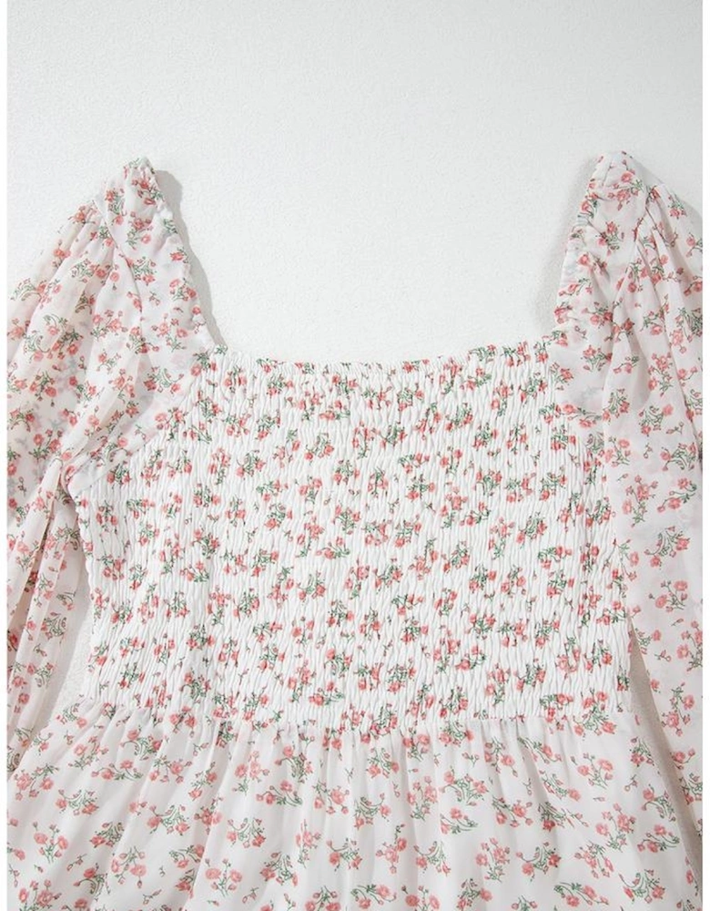 White Floral Print Shirred Ruffled Hem Square Neck Midi Dress