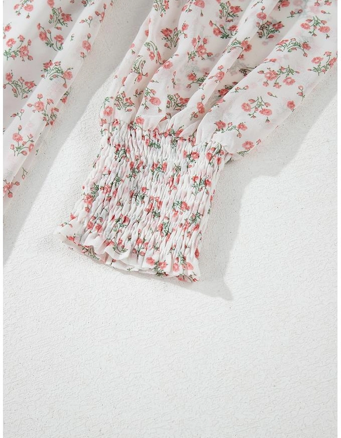 White Floral Print Shirred Ruffled Hem Square Neck Midi Dress