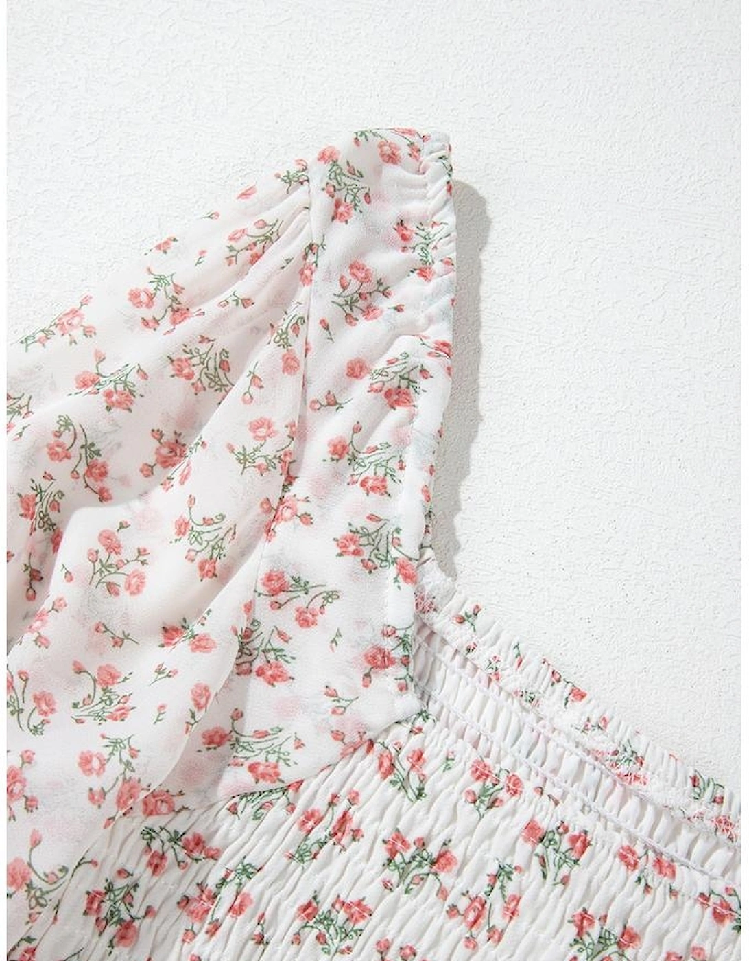 White Floral Print Shirred Ruffled Hem Square Neck Midi Dress