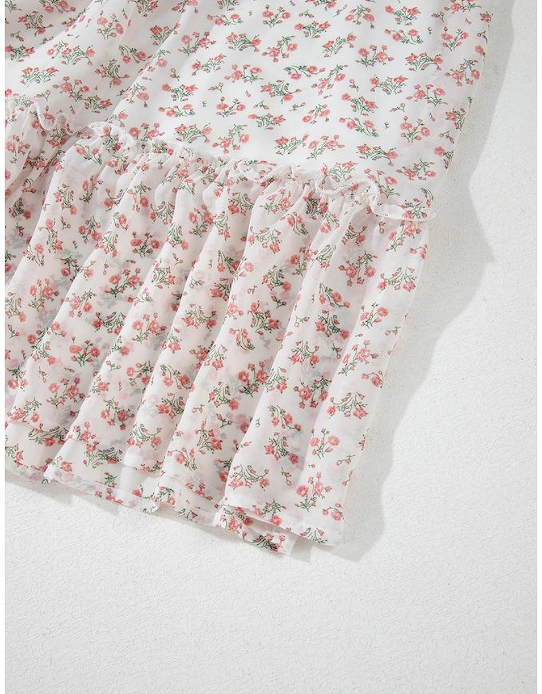 White Floral Print Shirred Ruffled Hem Square Neck Midi Dress