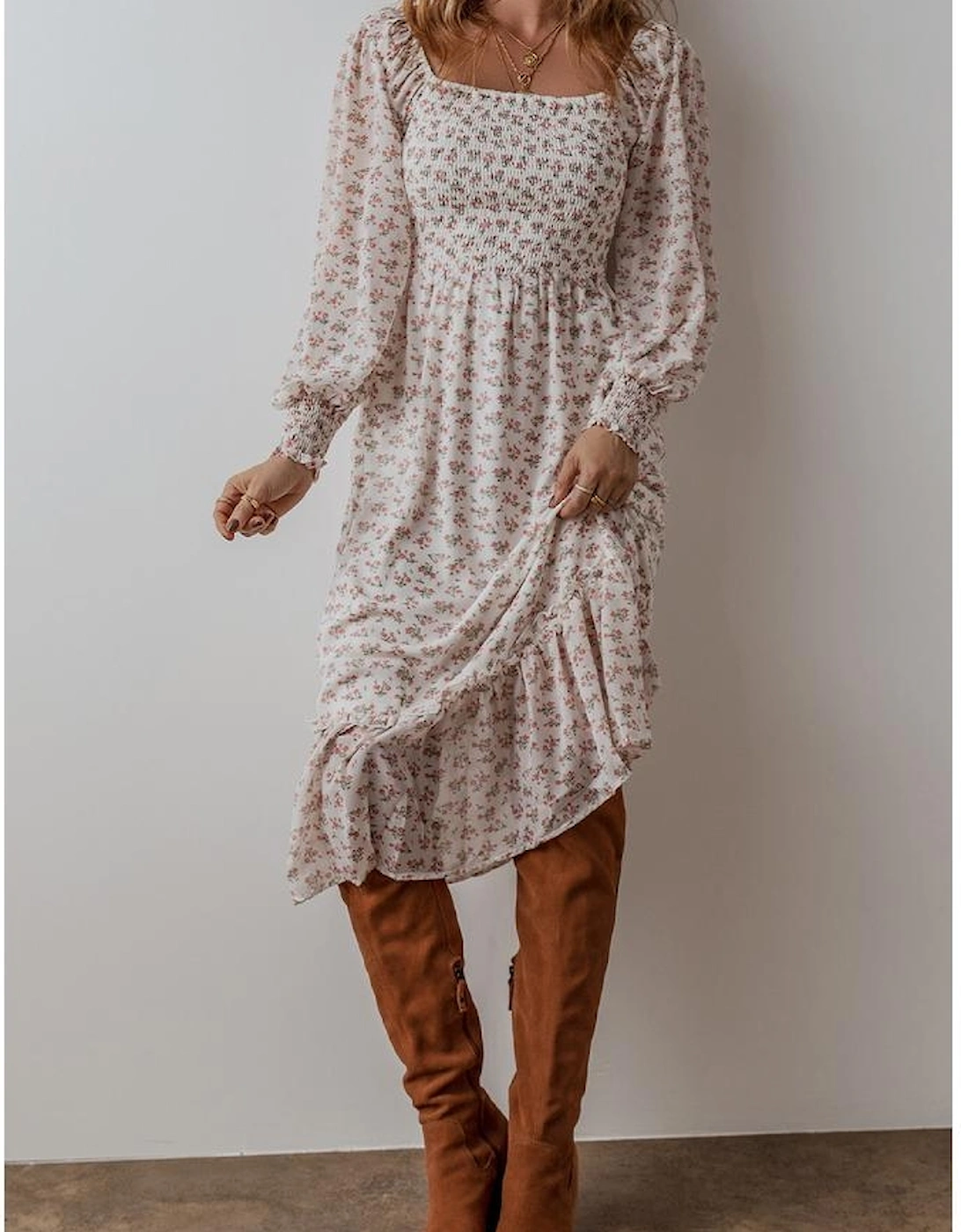 White Floral Print Shirred Ruffled Hem Square Neck Midi Dress