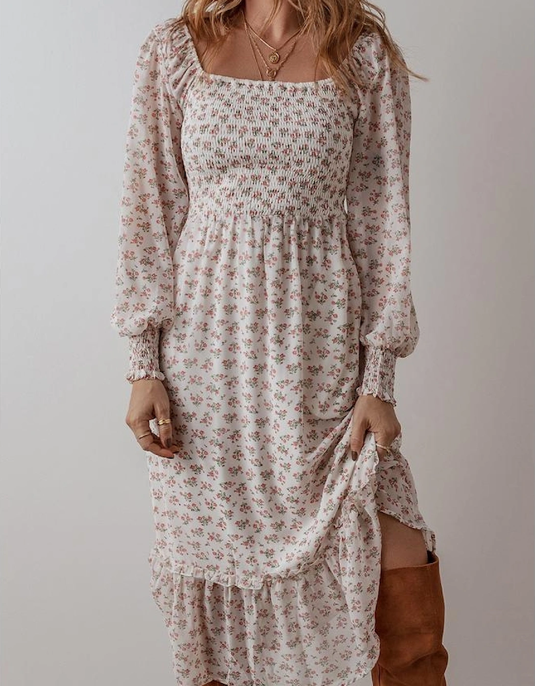 White Floral Print Shirred Ruffled Hem Square Neck Midi Dress
