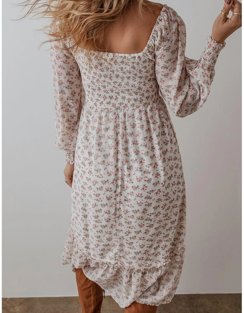 White Floral Print Shirred Ruffled Hem Square Neck Midi Dress