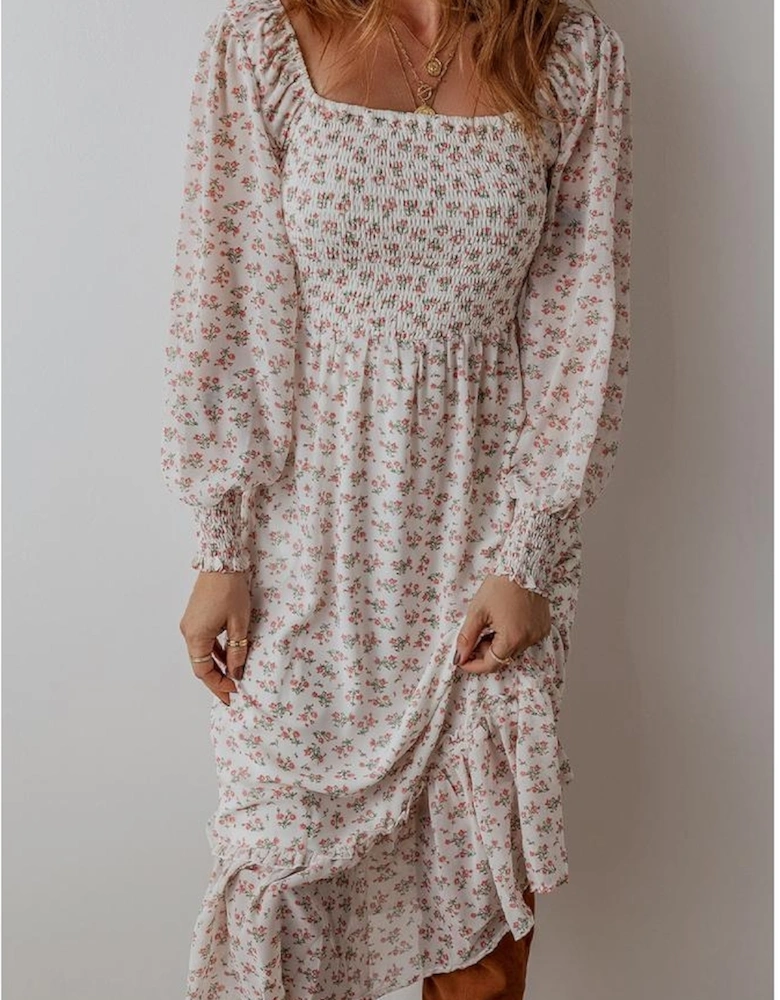 White Floral Print Shirred Ruffled Hem Square Neck Midi Dress