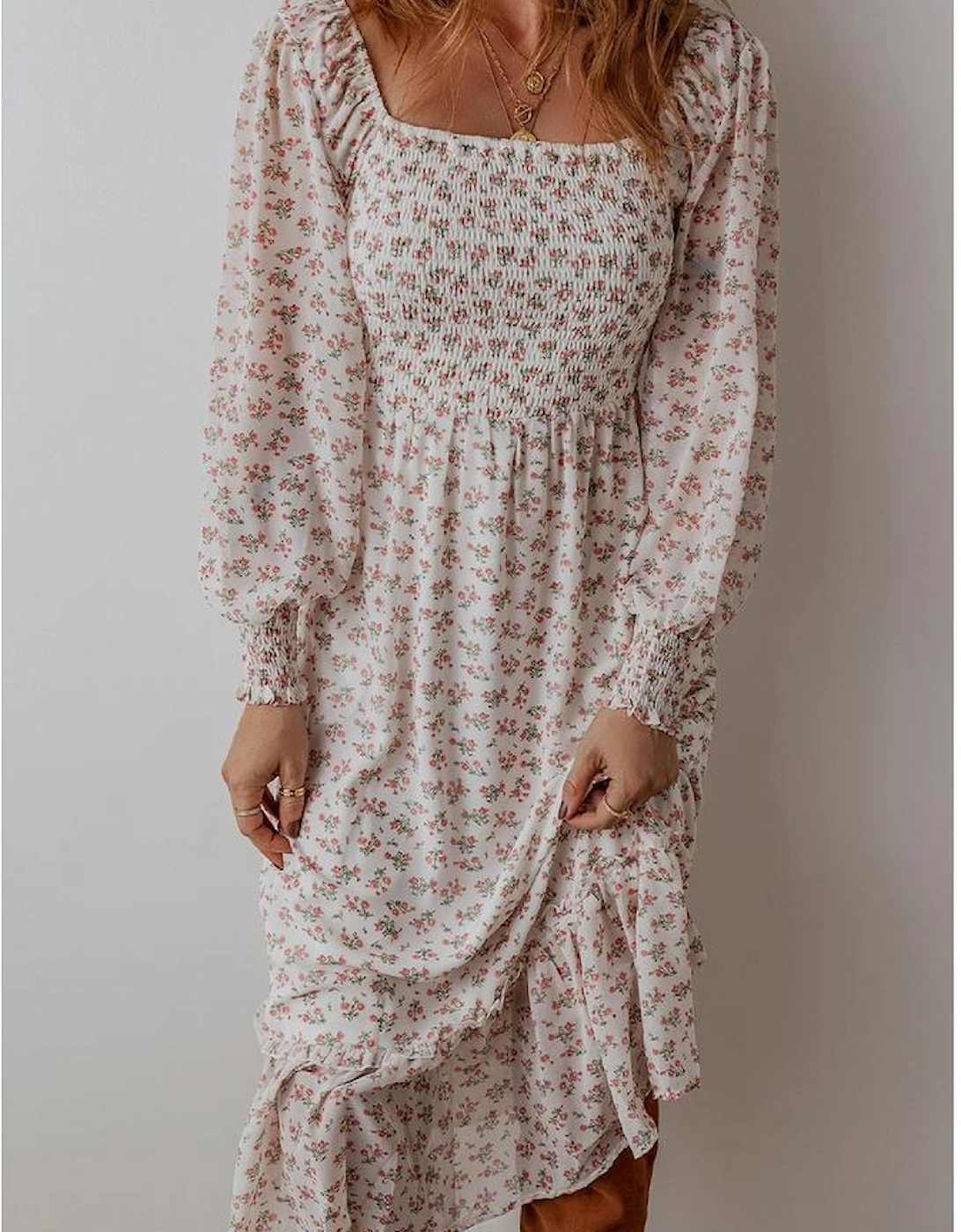 White Floral Print Shirred Ruffled Hem Square Neck Midi Dress