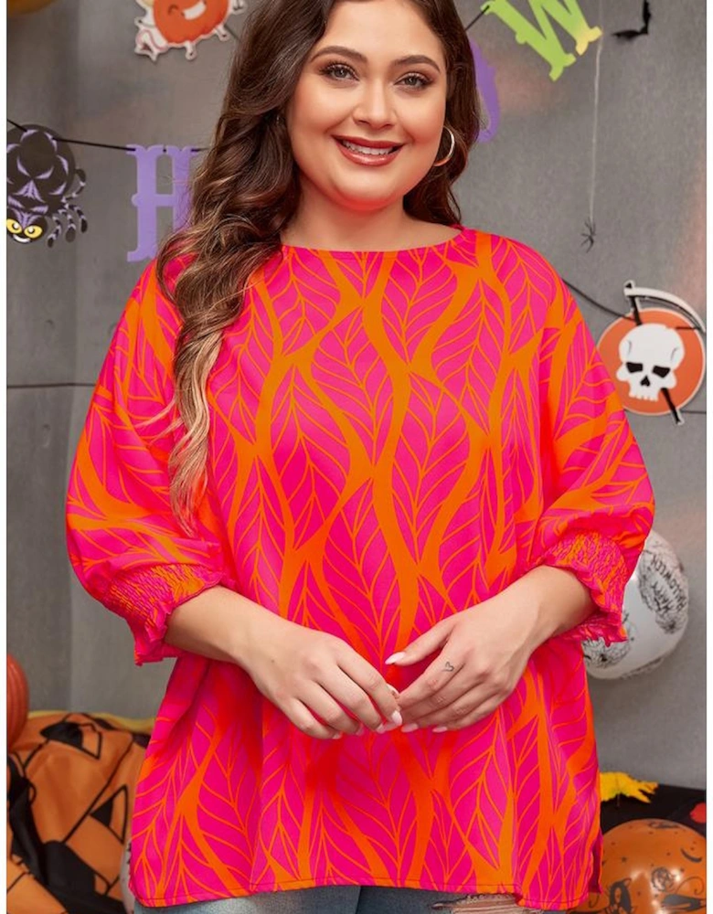 Rose Leafy Printed Smocked Lantern Sleeve Plus Size Blouse