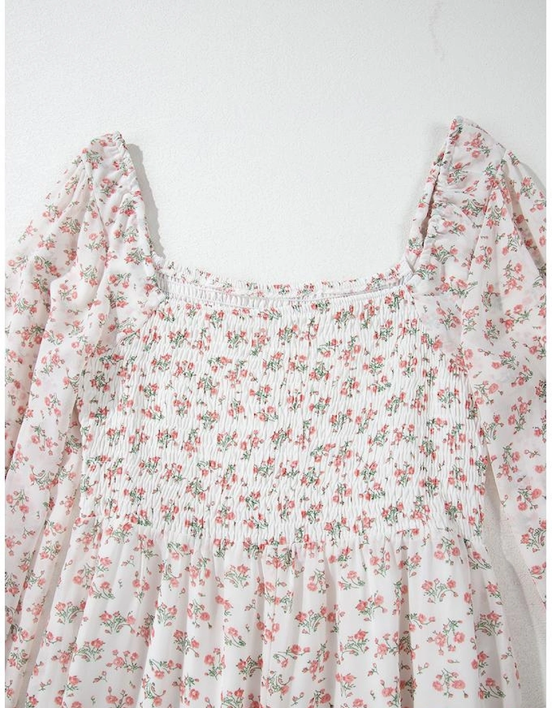 White Floral Print Shirred Ruffled Hem Square Neck Midi Dress