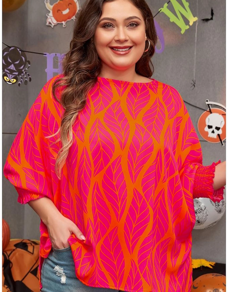 Rose Leafy Printed Smocked Lantern Sleeve Plus Size Blouse