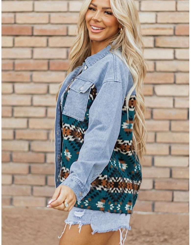 Blue Aztec Printed Denim Jacket