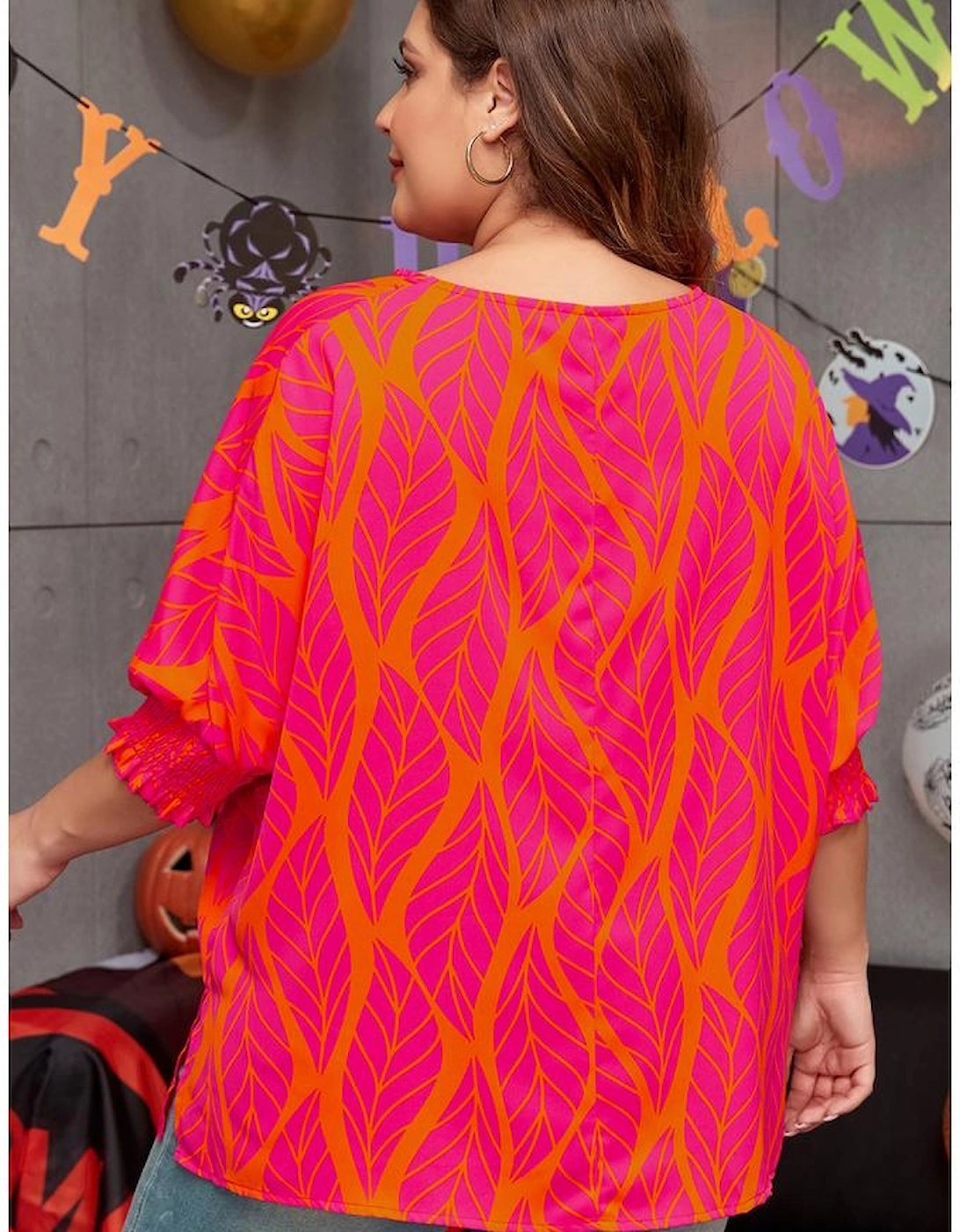 Rose Leafy Printed Smocked Lantern Sleeve Plus Size Blouse