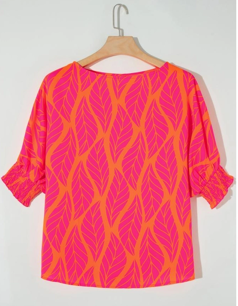 Rose Leafy Printed Smocked Lantern Sleeve Plus Size Blouse
