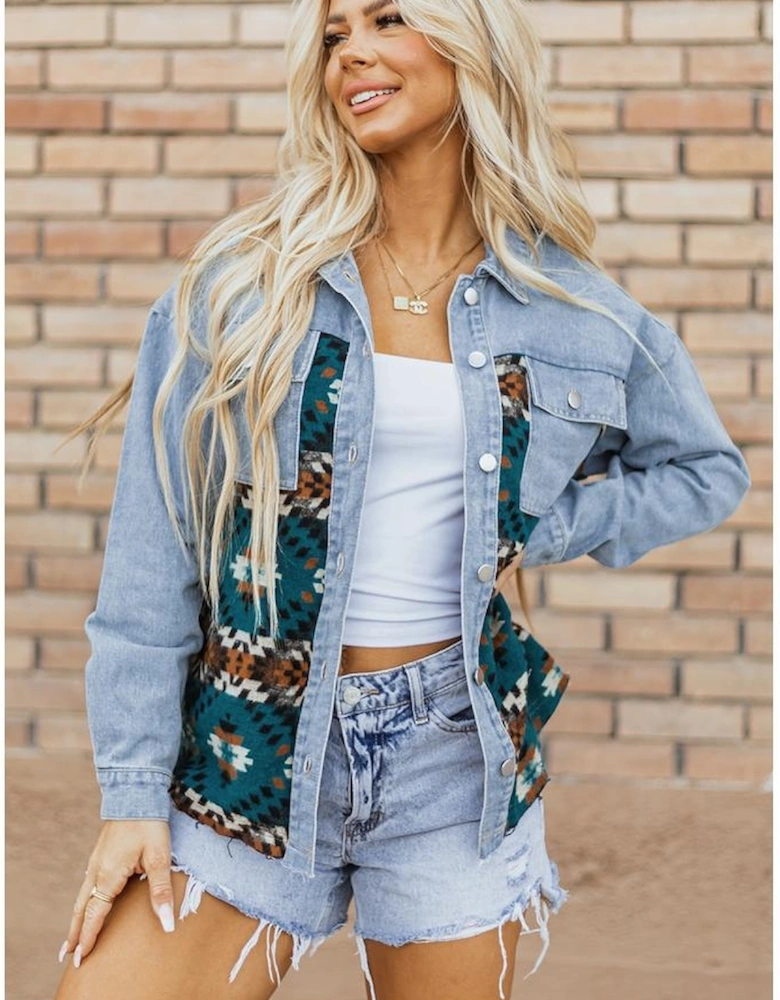 Blue Aztec Printed Denim Jacket
