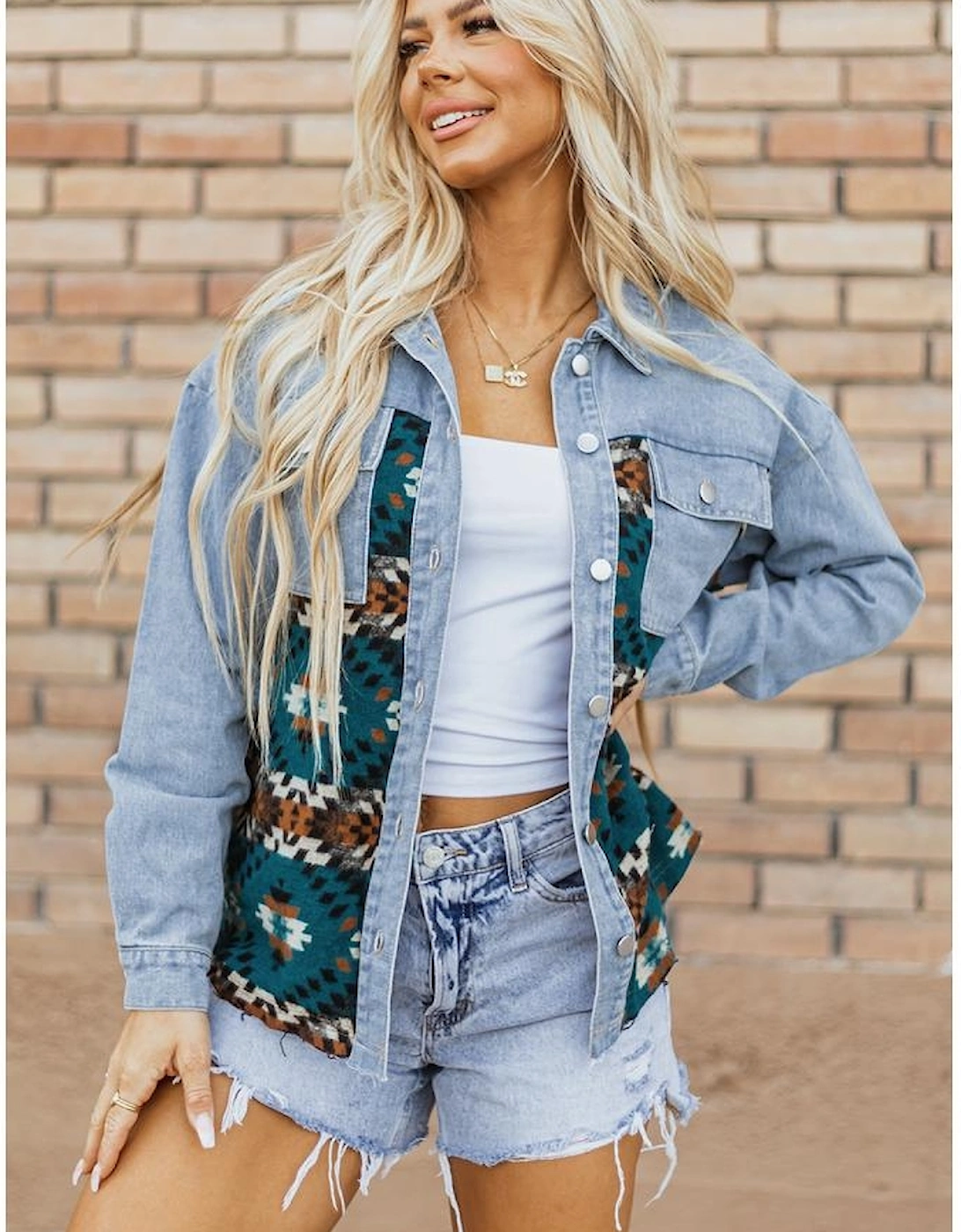 Blue Aztec Printed Denim Jacket