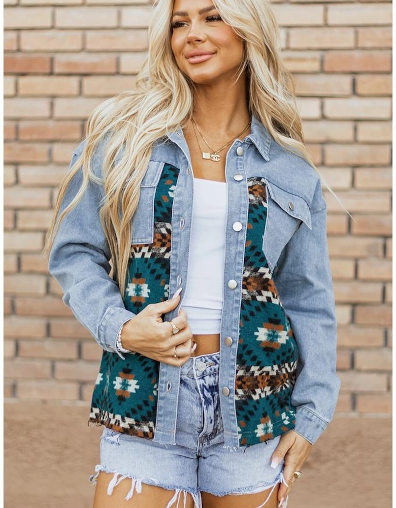 Blue Aztec Printed Denim Jacket
