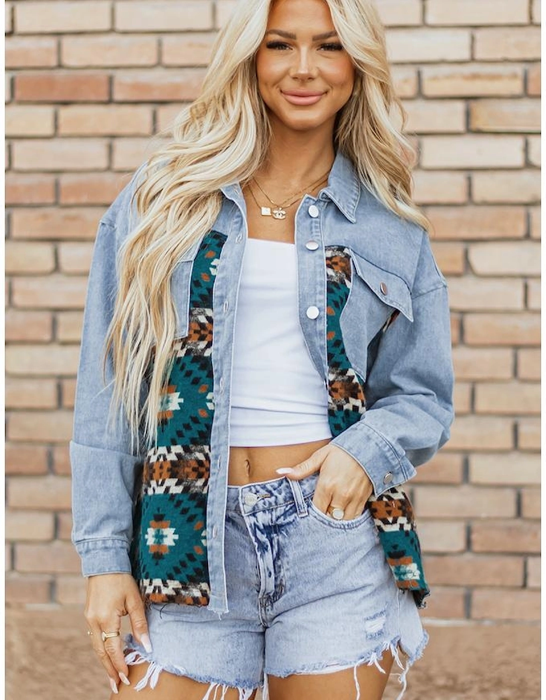 Blue Aztec Printed Denim Jacket
