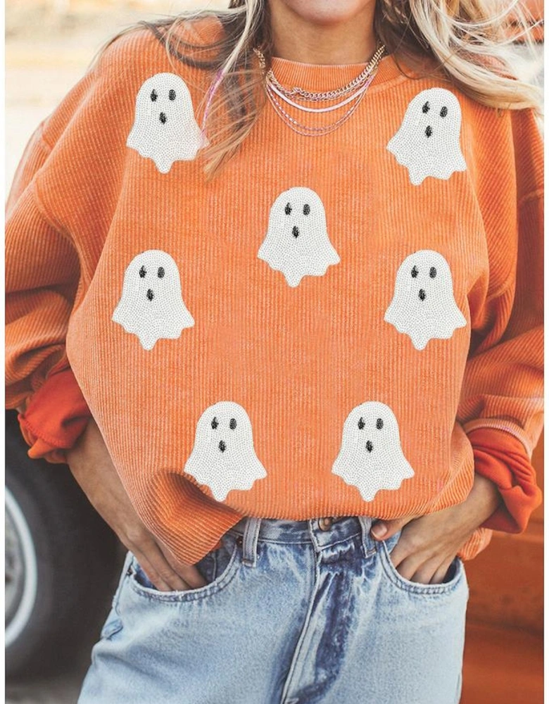 Orange Twisted Ribbed Texture Halloween Ghost Sequin Patched Sweatshirt