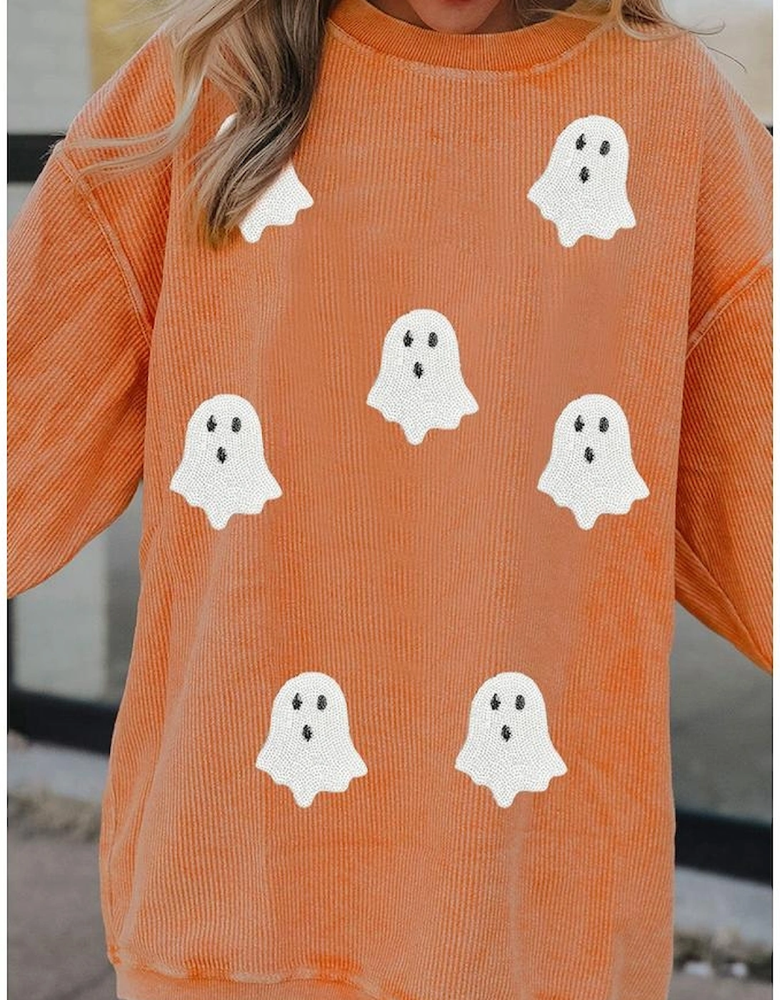 Orange Twisted Ribbed Texture Halloween Ghost Sequin Patched Sweatshirt