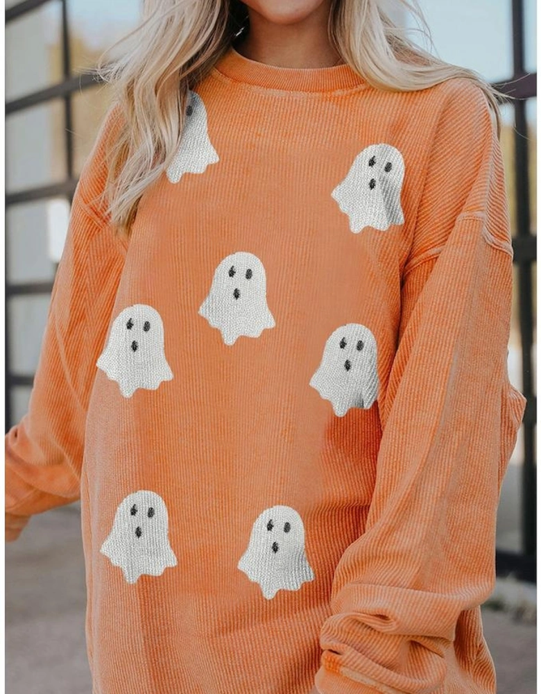 Orange Twisted Ribbed Texture Halloween Ghost Sequin Patched Sweatshirt