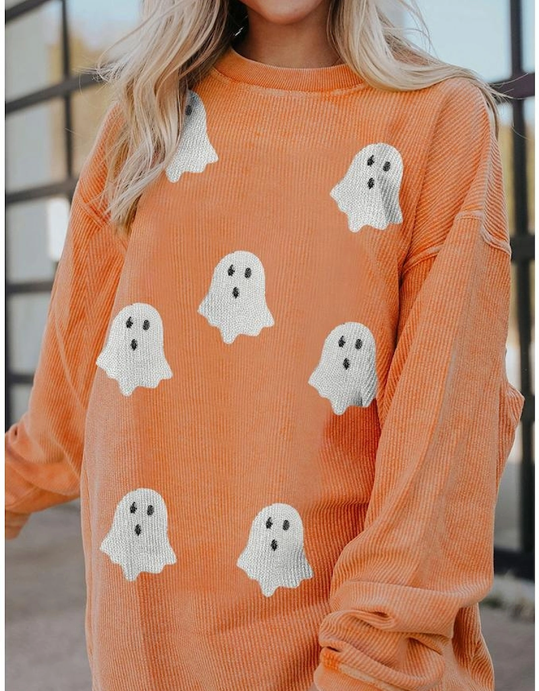 Orange Twisted Ribbed Texture Halloween Ghost Sequin Patched Sweatshirt