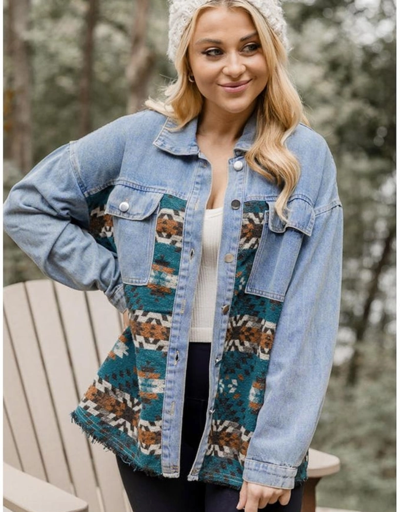 Blue Aztec Printed Denim Jacket